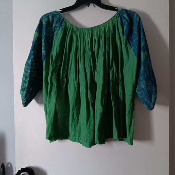 VIRGINIA JOHNSON Green + Blue Cotton Voile Puff Sleeve Blouse L - Picture 3 of 4